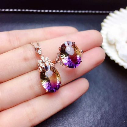 Live Broadcast Hot Sale New Colorful Watermelon Tourmaline Necklace Colorful Bright Luxury Egg-shaped Amethyst Rings Pendants