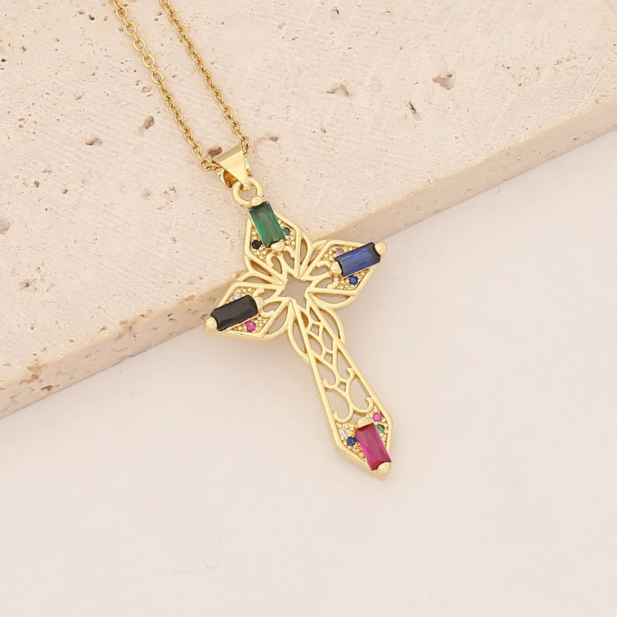 Commute Cross Copper Inlay Zircon Pendant Necklace