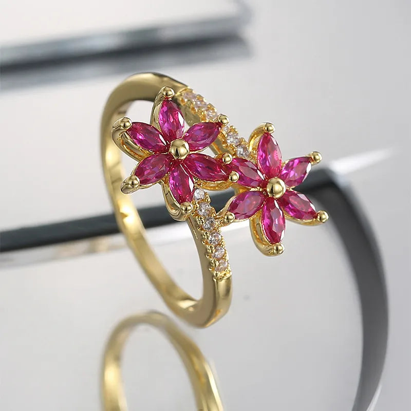 Commute Flower Copper Plating Inlay Zircon Rings