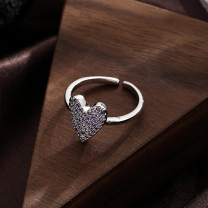 Commute Heart Shape Copper Metal Inlay Zircon Open Rings