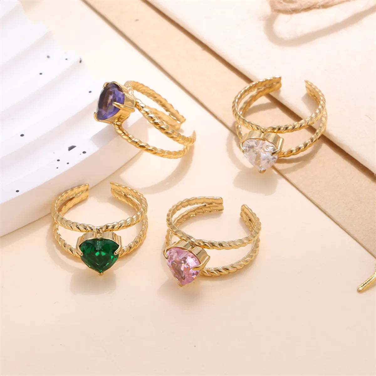 Commute Heart Shape Stainless Steel Plating Inlay Zircon 18k Gold Plated Open Rings