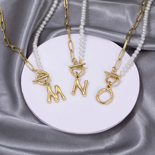 Commute Letter Stainless Steel Plating Inlay Pearl 14k Gold Plated Necklace