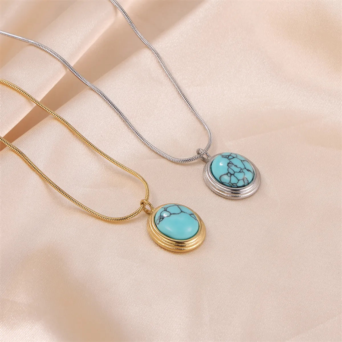 Wholesale Jewelry Commute Oval Stainless Steel Turquoise 18K Gold Plated Plating Inlay Pendant Necklace