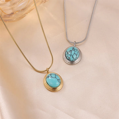 Wholesale Jewelry Commute Oval Stainless Steel Turquoise 18K Gold Plated Plating Inlay Pendant Necklace