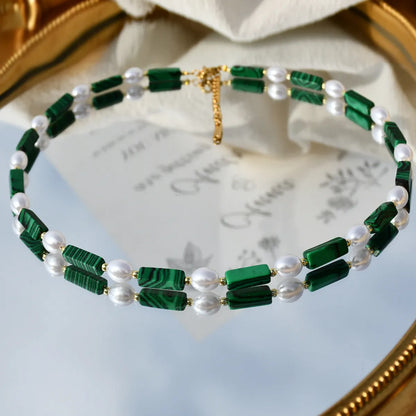 Commute Round Stainless Steel Imitation Pearl Malachite Beaded Necklace