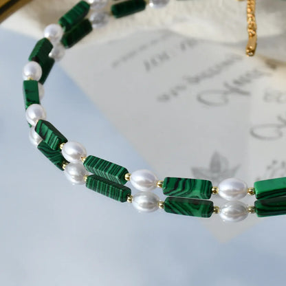 Commute Round Stainless Steel Imitation Pearl Malachite Beaded Necklace