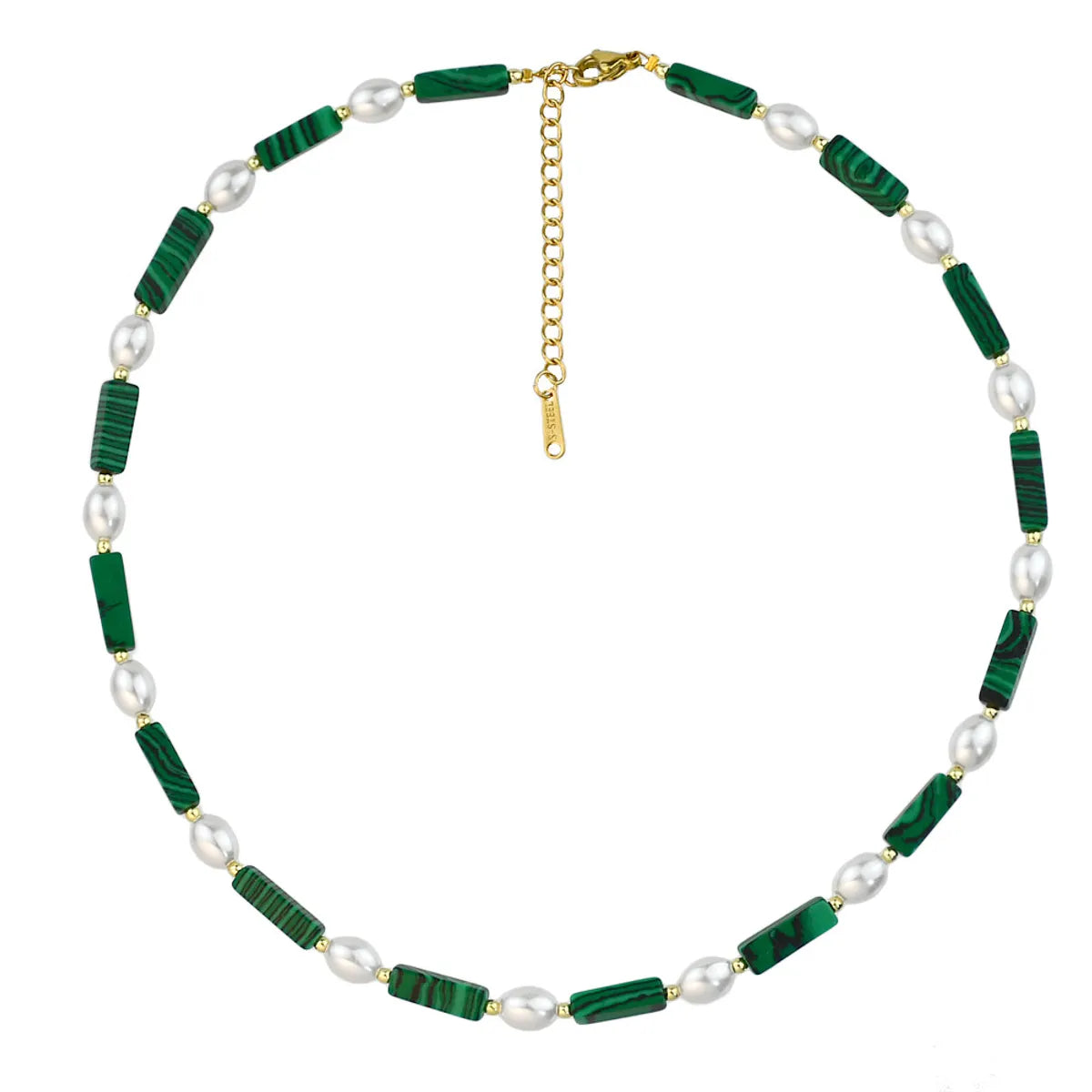 Commute Round Stainless Steel Imitation Pearl Malachite Beaded Necklace