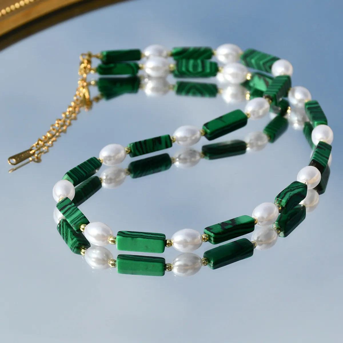 Commute Round Stainless Steel Imitation Pearl Malachite Beaded Necklace