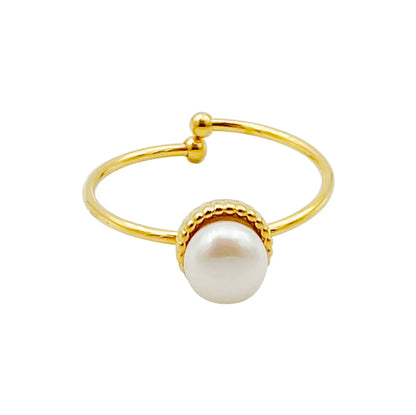 Commute Round Stainless Steel Plating Inlay Artificial Pearls Gold Plated Open Rings