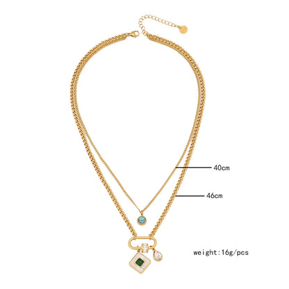 Commute Square Star Snake Stainless Steel Plating Inlay Turquoise Zircon Double Layer Necklaces