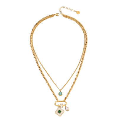 Commute Square Star Snake Stainless Steel Plating Inlay Turquoise Zircon Double Layer Necklaces