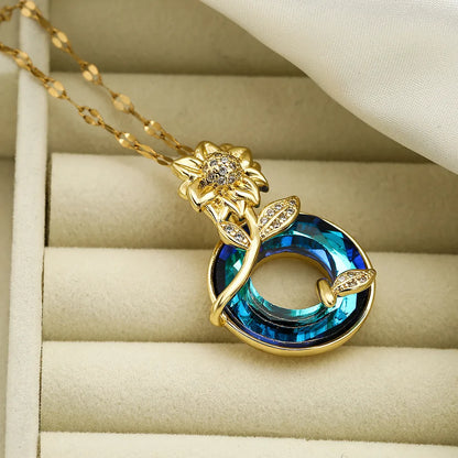 Commute Sunflower Stainless Steel Copper Plating Inlay Zircon 18k Gold Plated Pendant Necklace