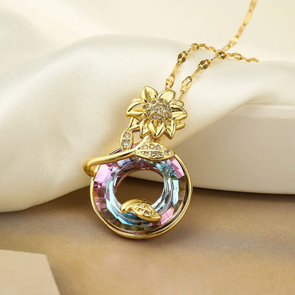 Commute Sunflower Stainless Steel Copper Plating Inlay Zircon 18k Gold Plated Pendant Necklace