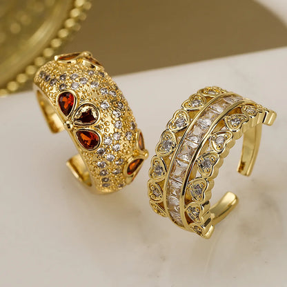 Commute Water Droplets Heart Shape Copper Plating Inlay Zircon 18k Gold Plated Open Ring