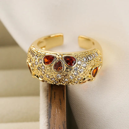 Commute Water Droplets Heart Shape Copper Plating Inlay Zircon 18k Gold Plated Open Ring