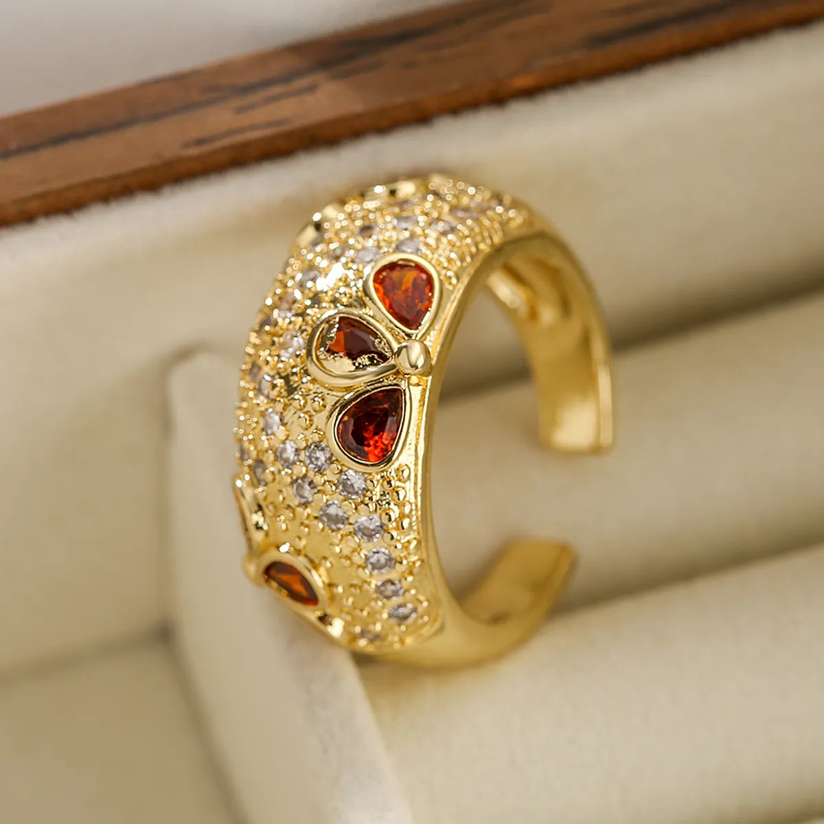 Commute Water Droplets Heart Shape Copper Plating Inlay Zircon 18k Gold Plated Open Ring