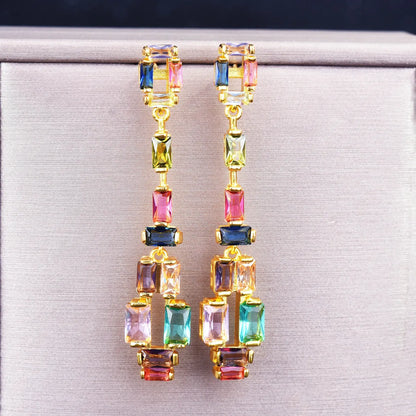 Contrast Fashion Earrings Super Flash Zircon Earrings Simulation Colorful Tourmaline Long Earrings