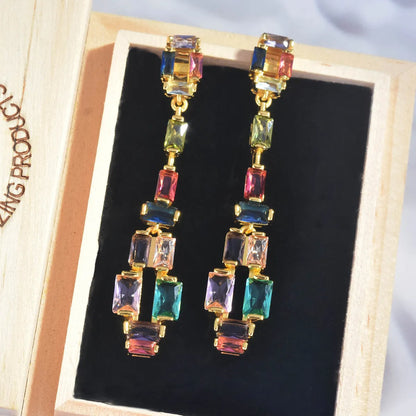 Contrast Fashion Earrings Super Flash Zircon Earrings Simulation Colorful Tourmaline Long Earrings