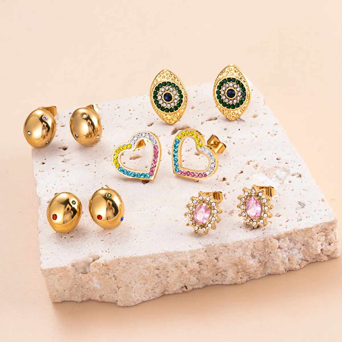 Cool Style Heart Shape Eye Stainless Steel Inlay Zircon Ear Studs