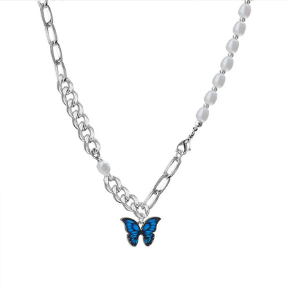 Cool Style Heart Shape Pearl Butterfly Titanium Steel Plating Inlay Artificial Gemstones Pendant Necklace 1 Piece