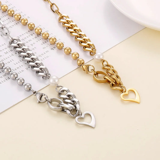 Cool Style Heart Shape Stainless Steel Inlay Artificial Pearls 18k Gold Plated Necklace