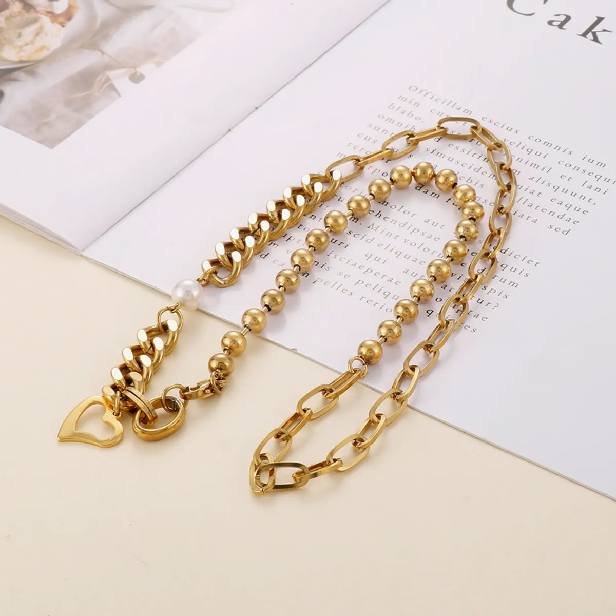 Cool Style Heart Shape Stainless Steel Inlay Artificial Pearls 18k Gold Plated Necklace