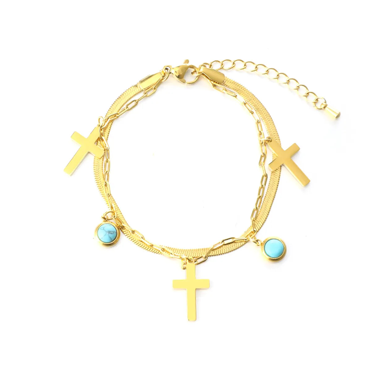 Cool Style Shiny Cross Round 304 Stainless Steel Turquoise Bracelets In Bulk