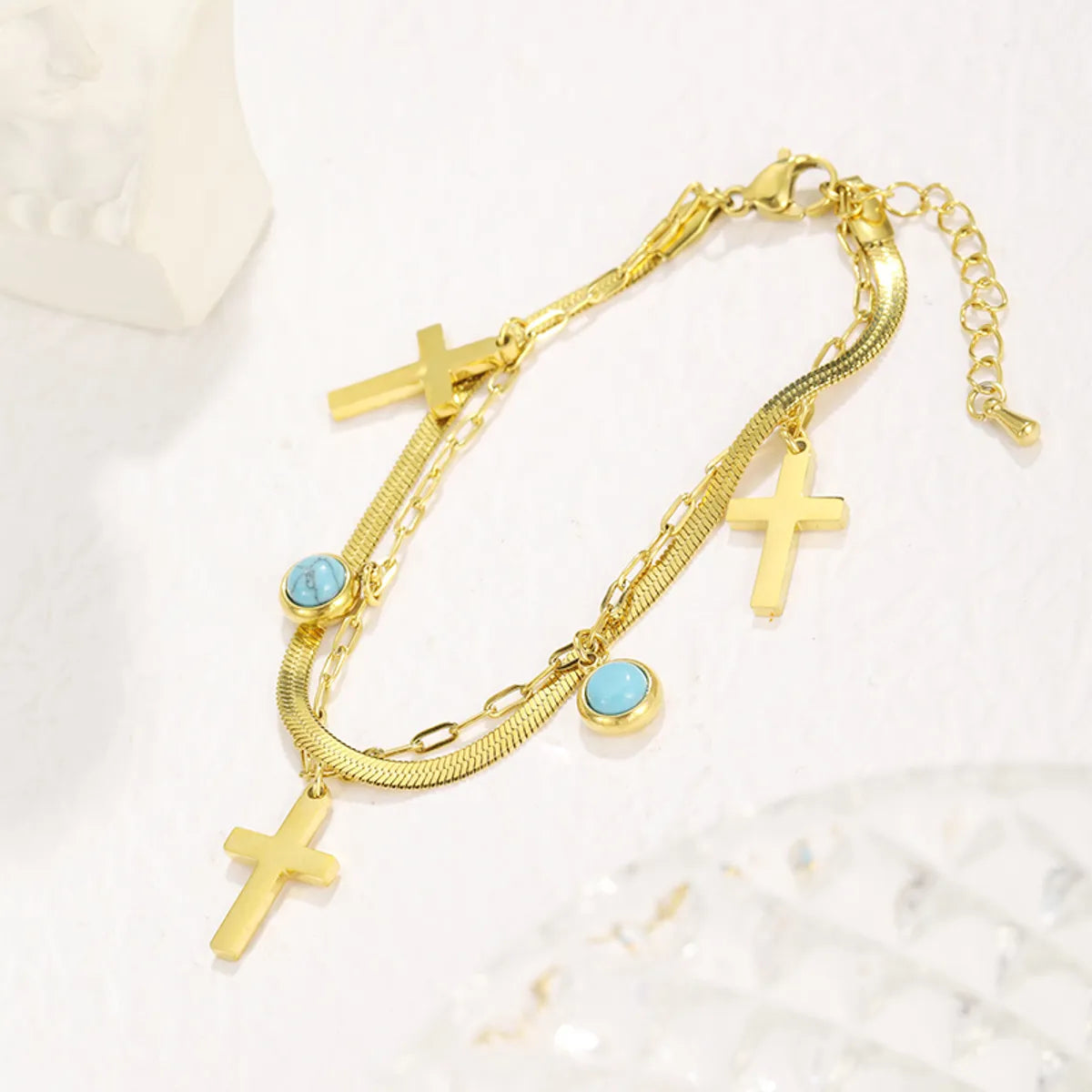 Cool Style Shiny Cross Round 304 Stainless Steel Turquoise Bracelets In Bulk