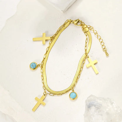 Cool Style Shiny Cross Round 304 Stainless Steel Turquoise Bracelets In Bulk