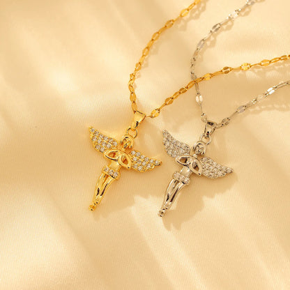 Copper 14K Gold Plated 18K Gold Plated Retro Lady Inlay Angel Angel Wings Rhinestones Pendant Necklace