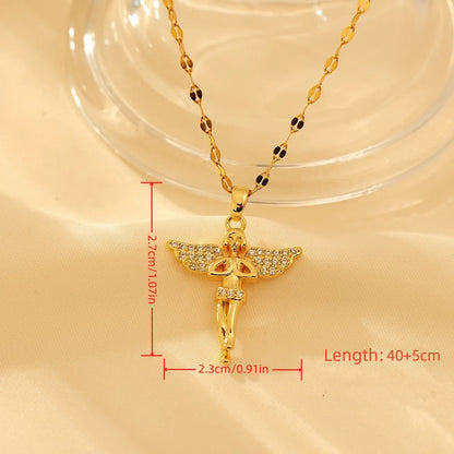 Copper 14K Gold Plated 18K Gold Plated Retro Lady Inlay Angel Angel Wings Rhinestones Pendant Necklace