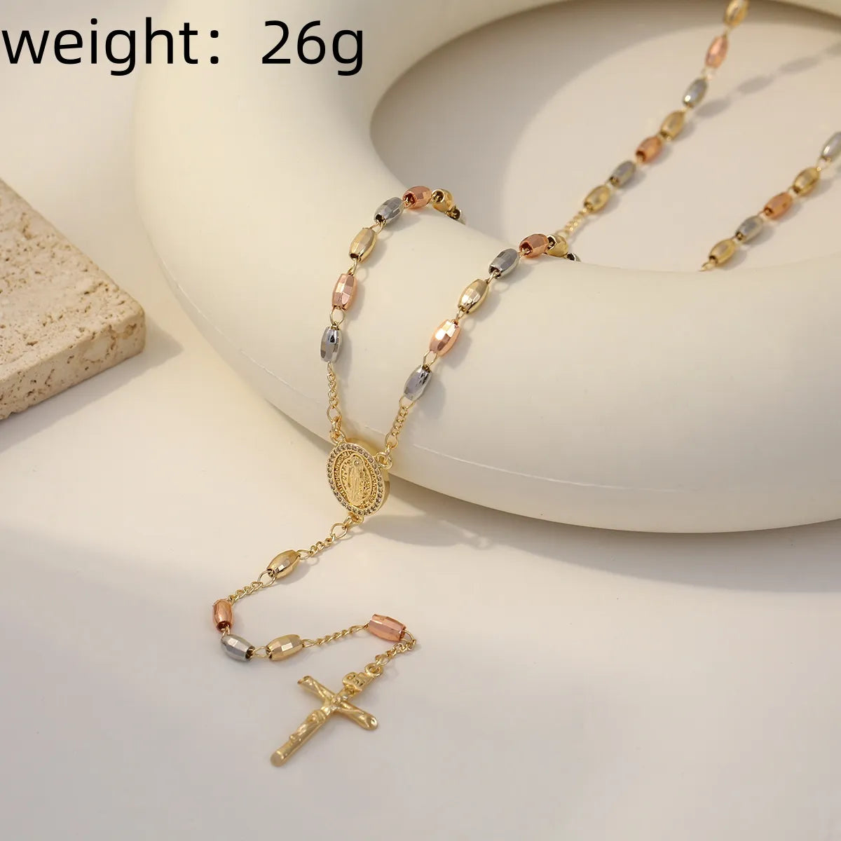 Copper 14K Gold Plated Beaded Inlay Cross Zircon Pendant Necklace