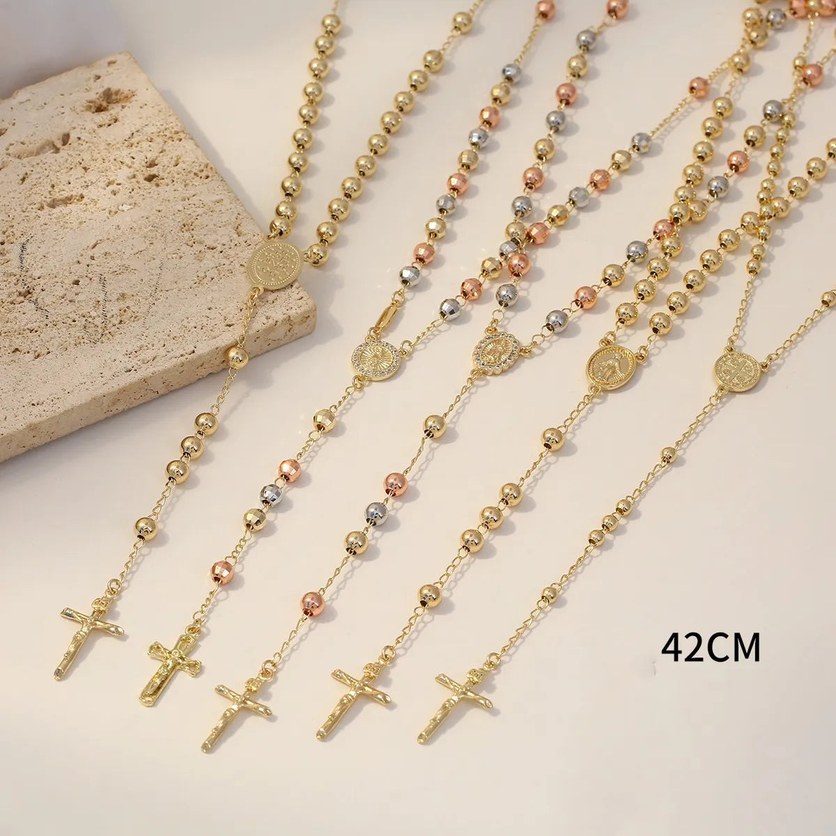 Copper 14K Gold Plated Beaded Inlay Cross Zircon Pendant Necklace