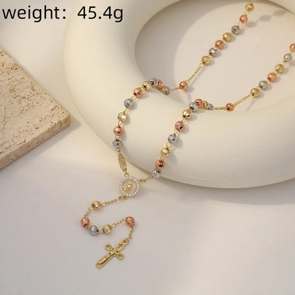 Copper 14K Gold Plated Beaded Inlay Cross Zircon Pendant Necklace