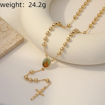 Copper 14K Gold Plated Beaded Inlay Cross Zircon Pendant Necklace