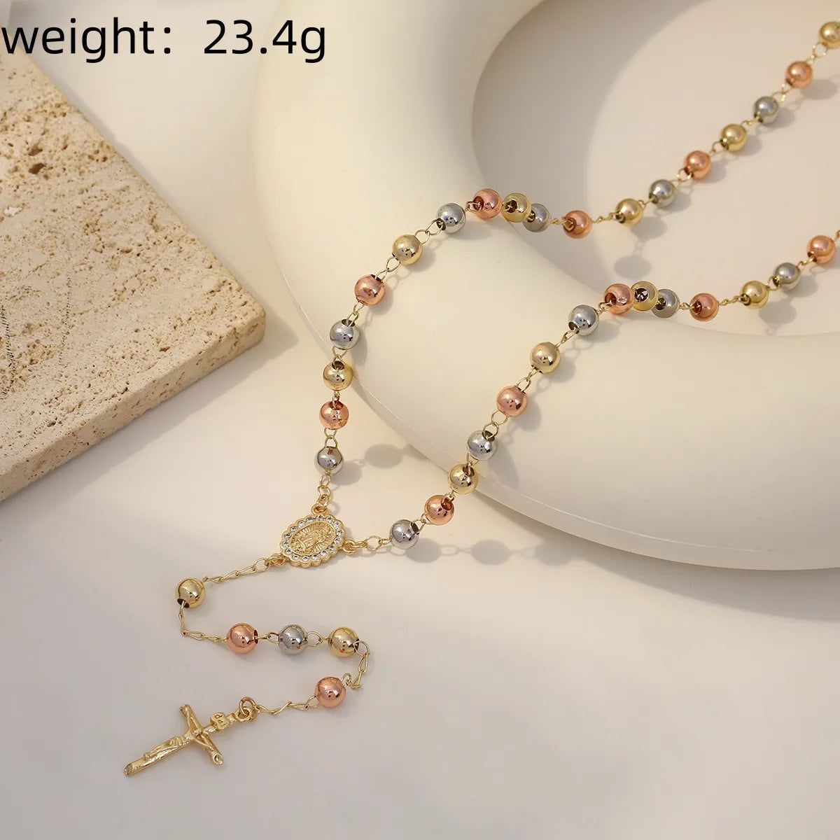 Copper 14K Gold Plated Beaded Inlay Cross Zircon Pendant Necklace