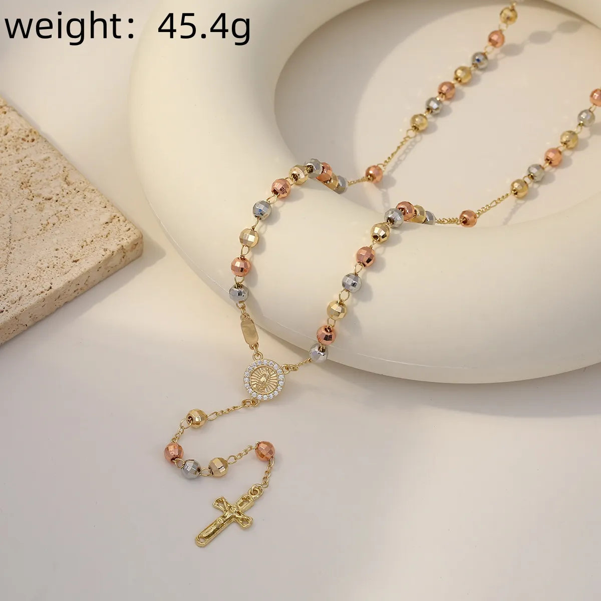 Copper 14K Gold Plated Beaded Inlay Cross Zircon Pendant Necklace