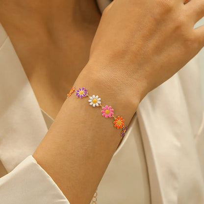 Copper 14K Gold Plated Cute Sweet Pastoral Flower Daisy Enamel Bracelets