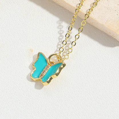 Copper 14K Gold Plated Enamel Butterfly Pendant Necklace