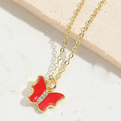 Copper 14K Gold Plated Enamel Butterfly Pendant Necklace