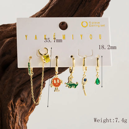 Copper 14K Gold Plated Enamel Inlay Cartoon Character Zircon Drop Earrings