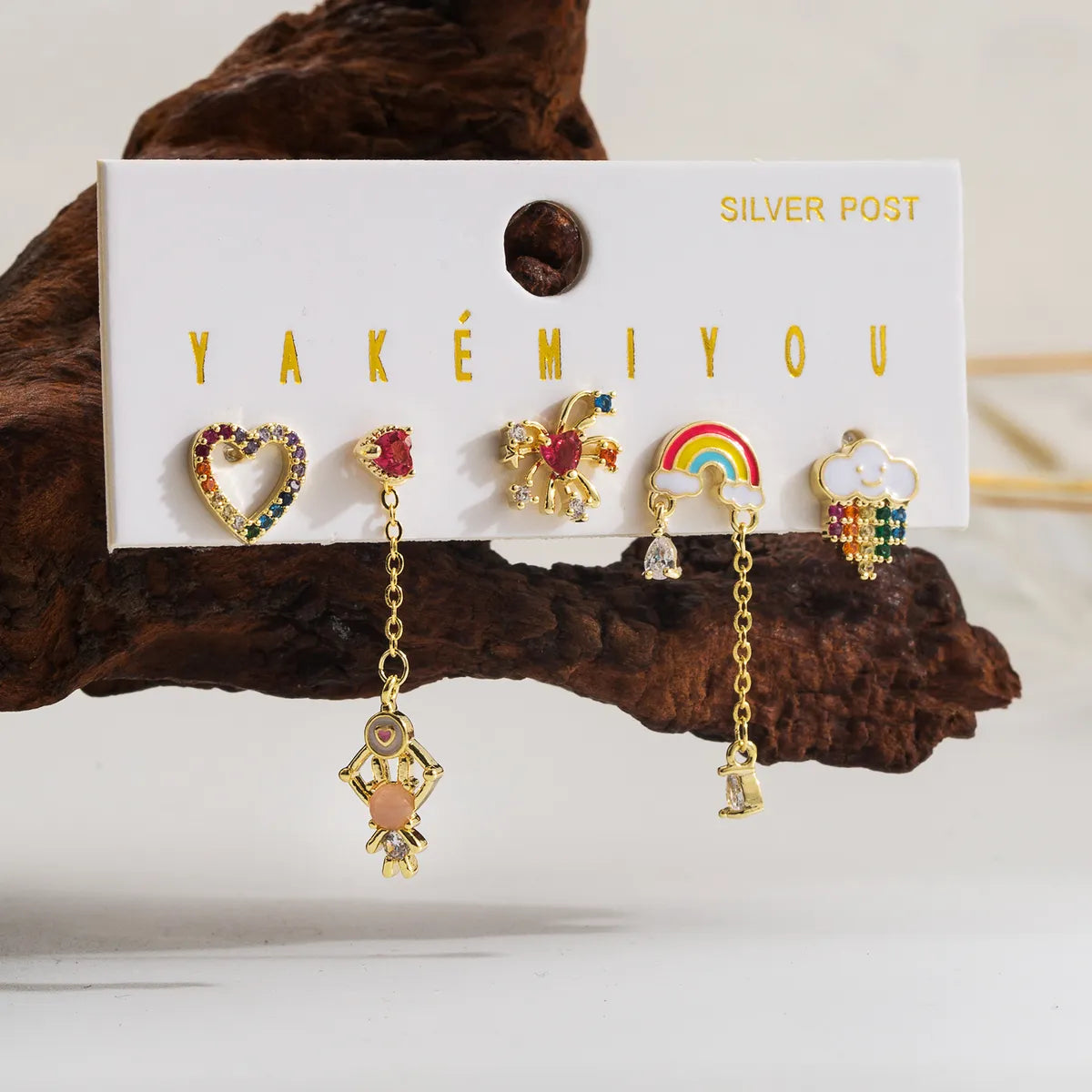 Copper 14K Gold Plated Enamel Inlay Cartoon Rainbow Heart Shape Zircon Drop Earrings Ear Studs