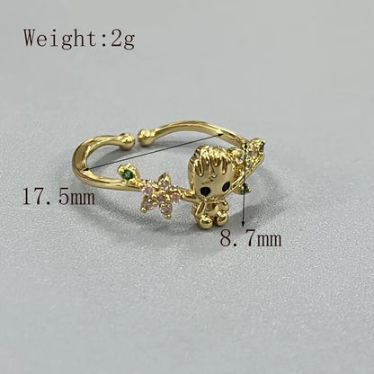 Copper 14K Gold Plated Enamel Inlay Cartoon Tree Zircon Rings Earrings