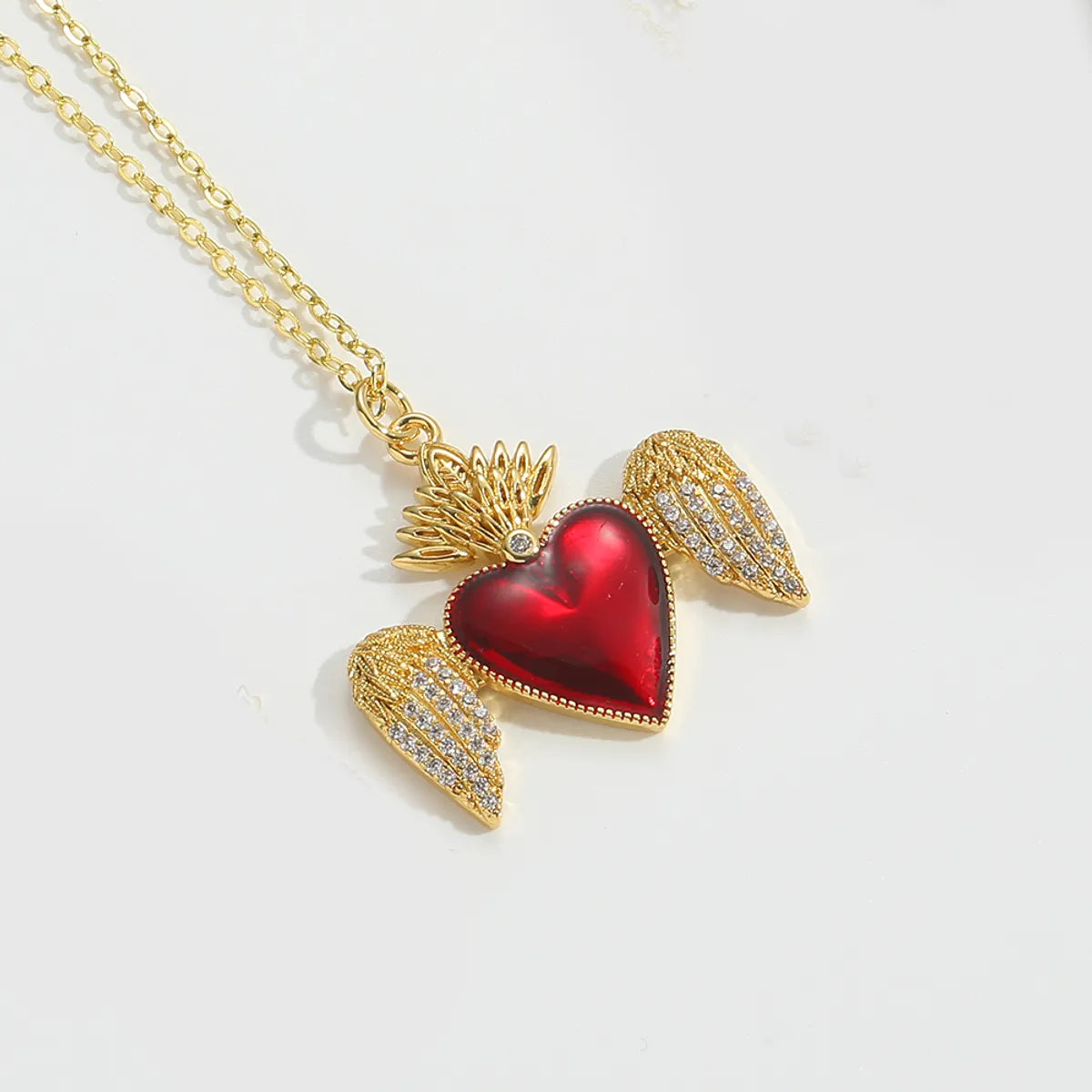 Copper 14K Gold Plated Enamel Inlay Heart Shape Wings Zircon Pendant Necklace