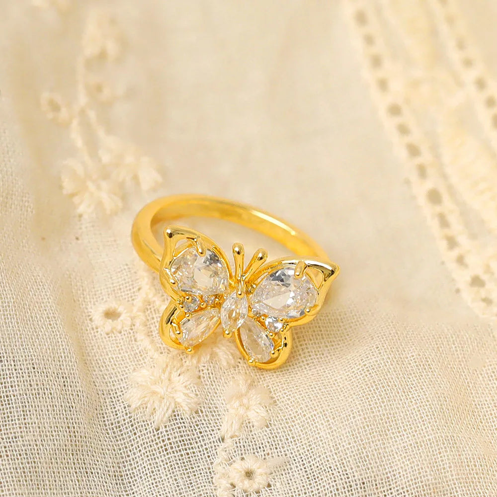 Copper 14K Gold Plated IG Style Basic Classic Style Inlay Butterfly Zircon Rings