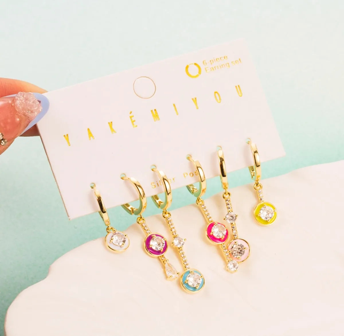 Copper 14K Gold Plated IG Style Cute Enamel Inlay Round Water Droplets Zircon Drop Earrings