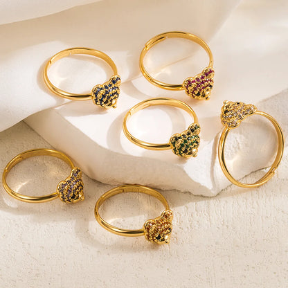 Copper 14K Gold Plated IG Style Cute Inlay Bear Zircon Open Rings