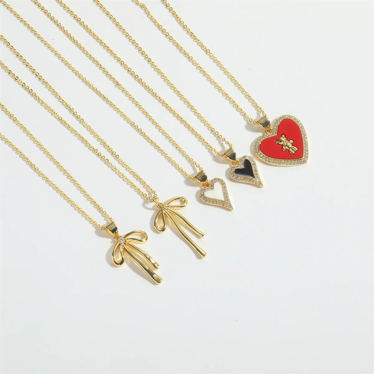 Copper 14K Gold Plated Inlay Heart Shape Bow Knot Zircon Necklace