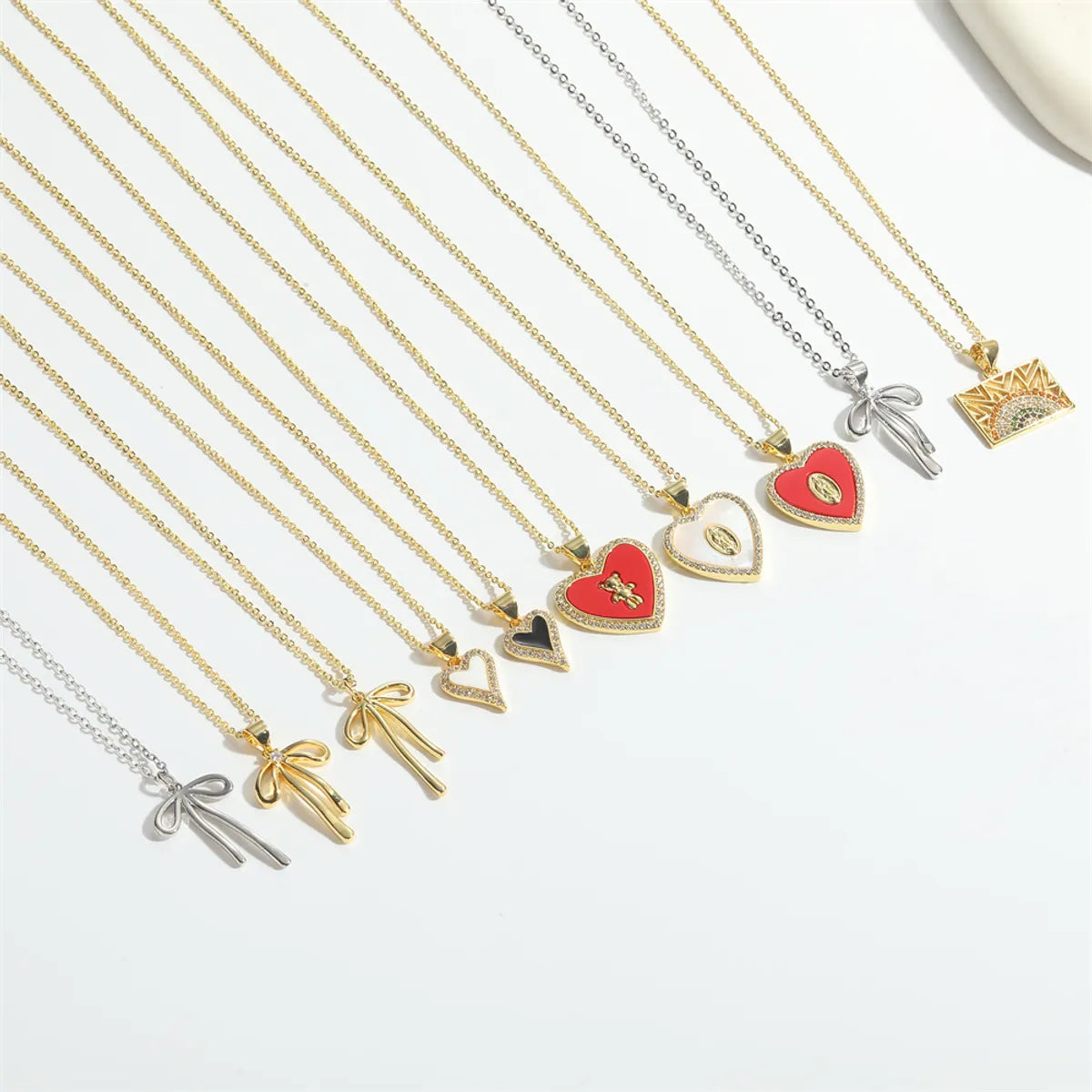 Copper 14K Gold Plated Inlay Heart Shape Bow Knot Zircon Necklace