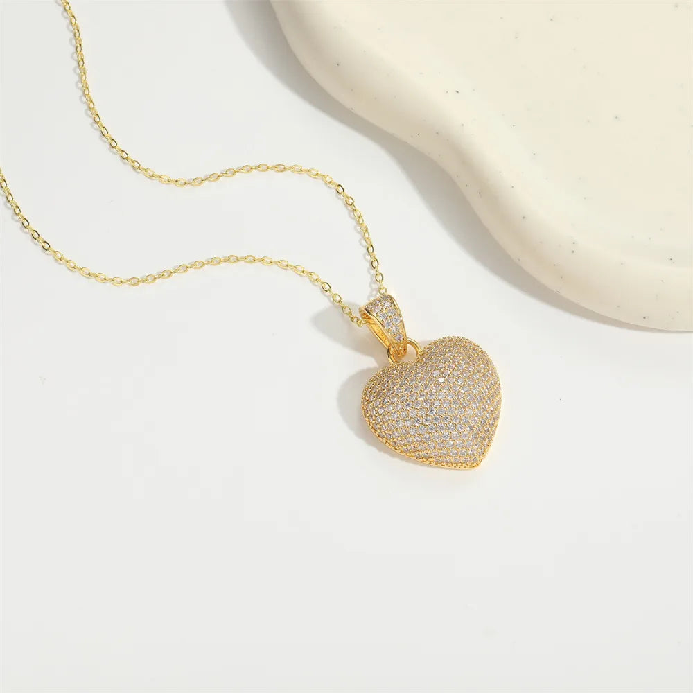 Copper 14K Gold Plated Inlay Heart Shape Zircon Pendant Necklace